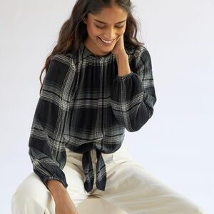 Anthropologie Black & White Plaid Tie-Front Blouse